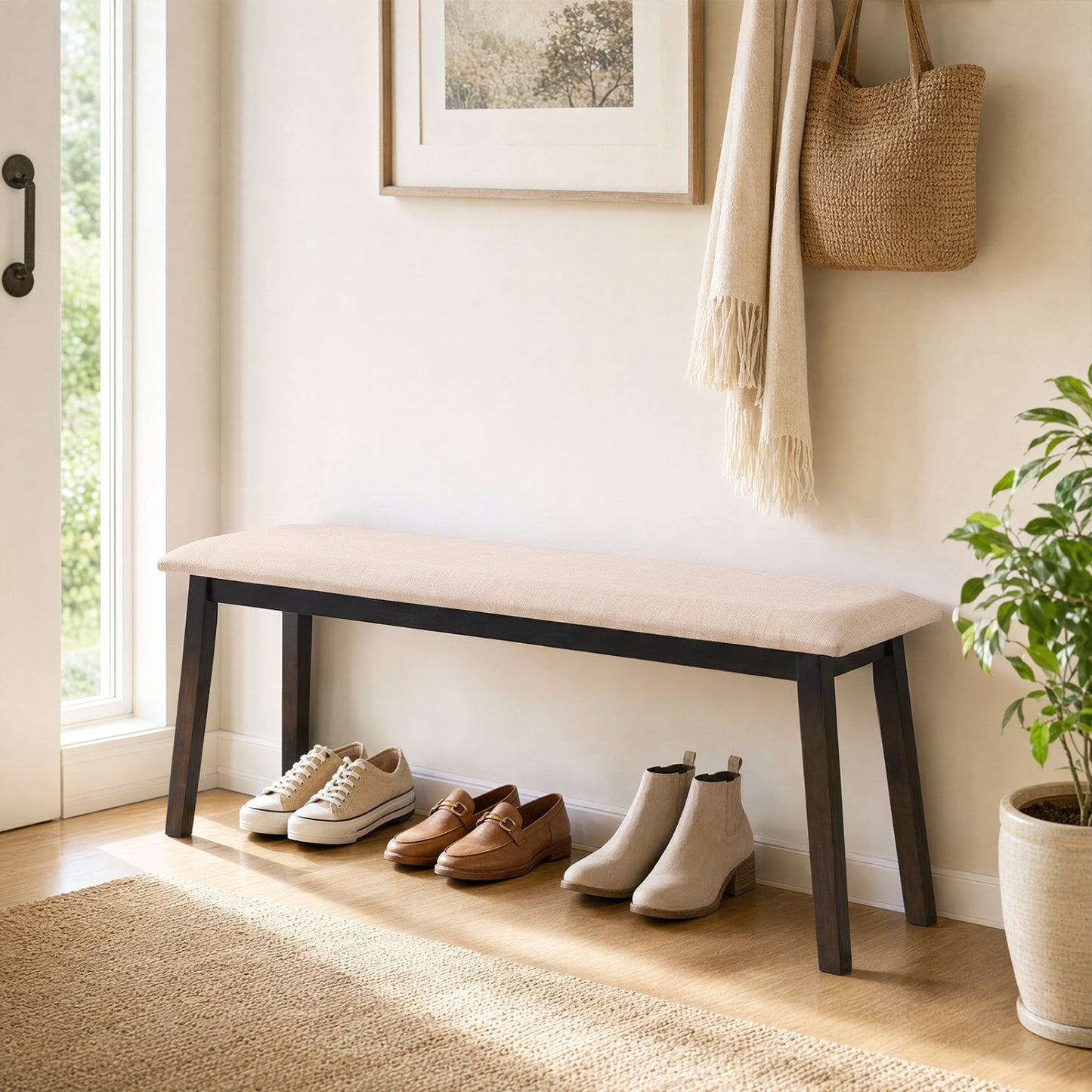 Upholstered Entryway Bench 43.5 Inch with Rubber Wood Frame