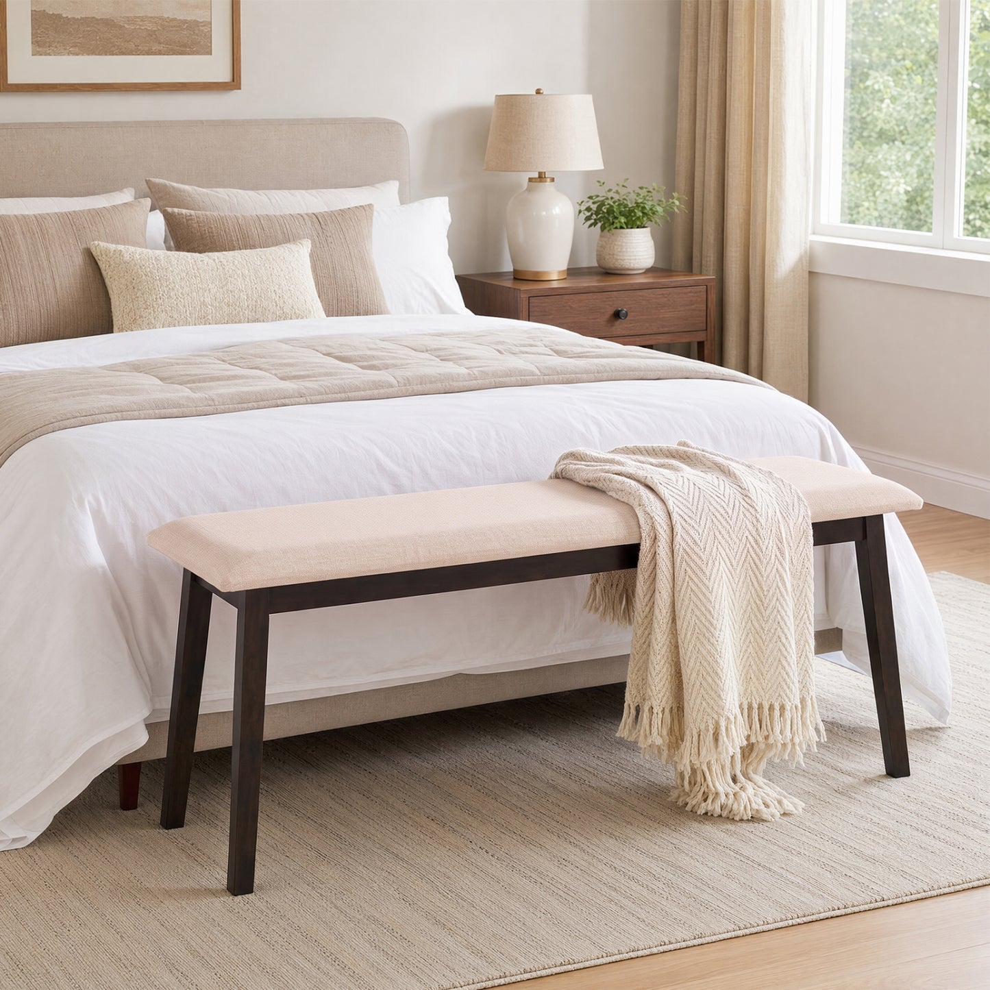 Upholstered Entryway Bench 43.5 Inch with Rubber Wood Frame