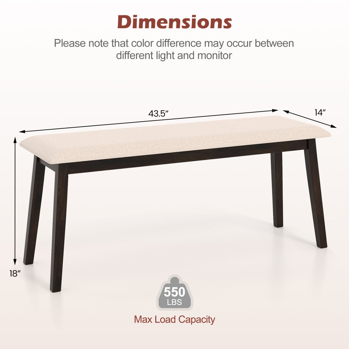 Upholstered Entryway Bench 43.5 Inch with Rubber Wood Frame