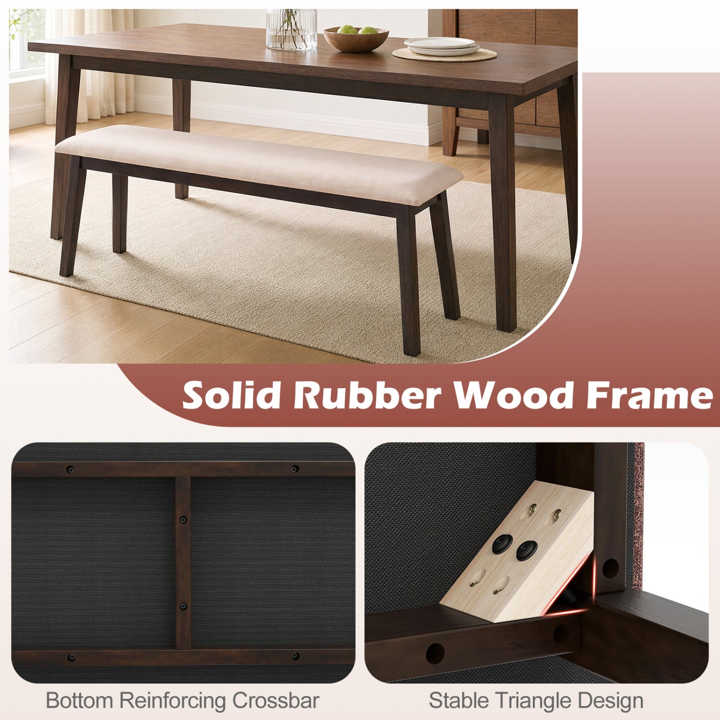 Upholstered Entryway Bench 43.5 Inch with Rubber Wood Frame