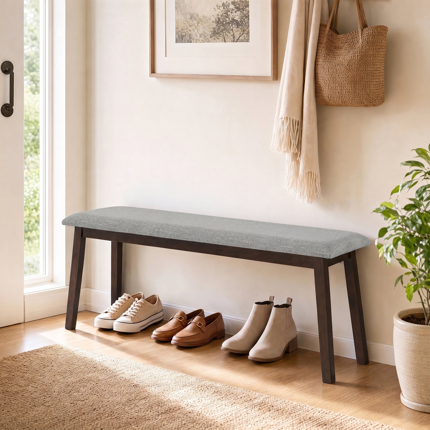 Upholstered Entryway Bench 43.5 Inch with Rubber Wood Frame
