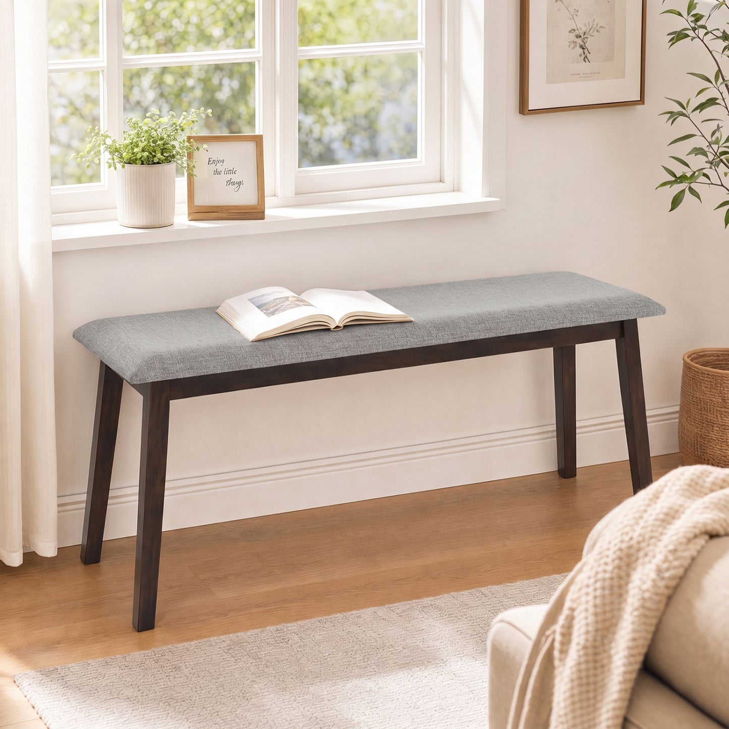 Upholstered Entryway Bench 43.5 Inch with Rubber Wood Frame