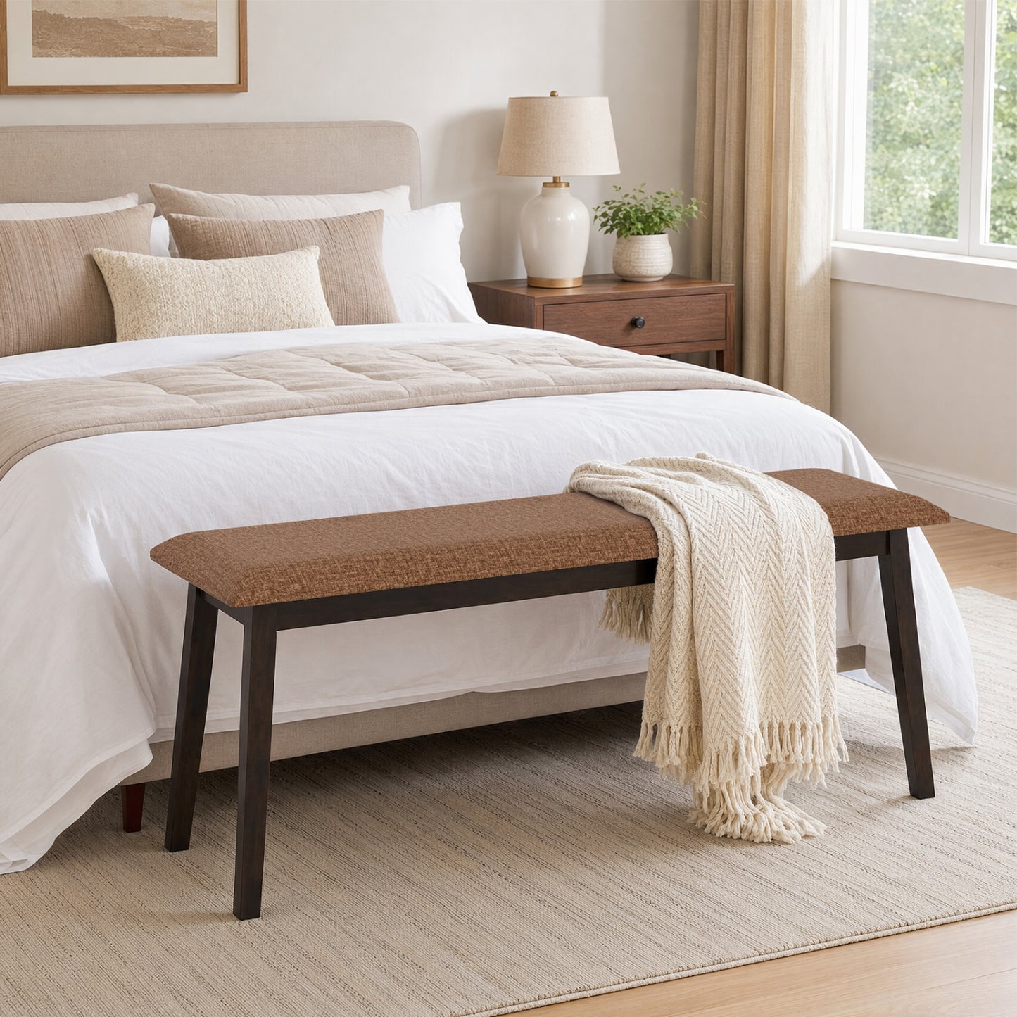 Upholstered Entryway Bench 43.5 Inch with Rubber Wood Frame