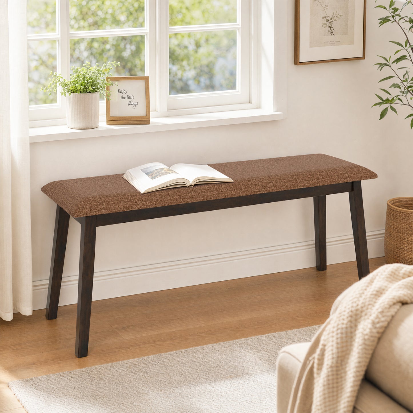 Upholstered Entryway Bench 43.5 Inch with Rubber Wood Frame