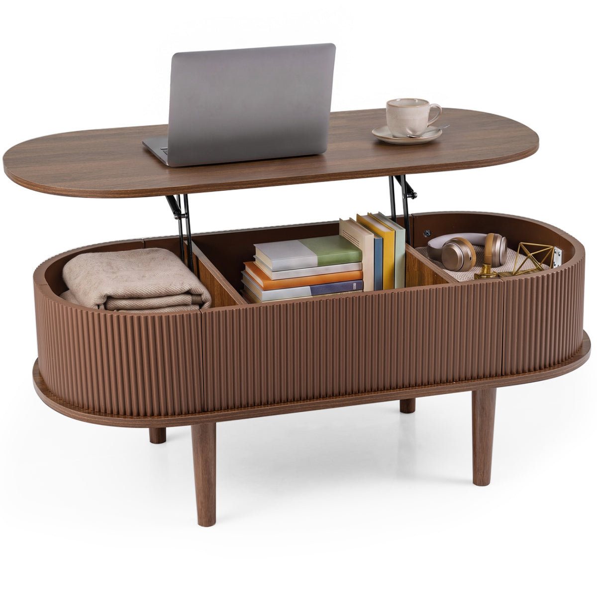 Oval Lift Top Coffee Table with Storage 43.5" Fluted Design