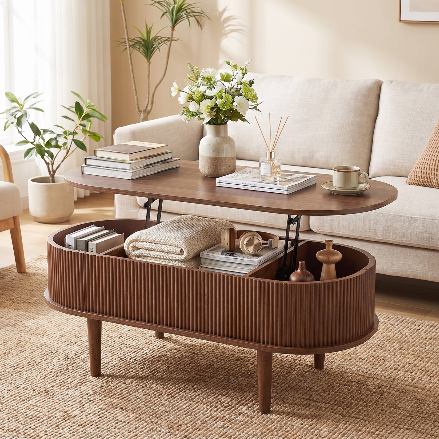 Oval Lift Top Coffee Table with Storage 43.5" Fluted Design
