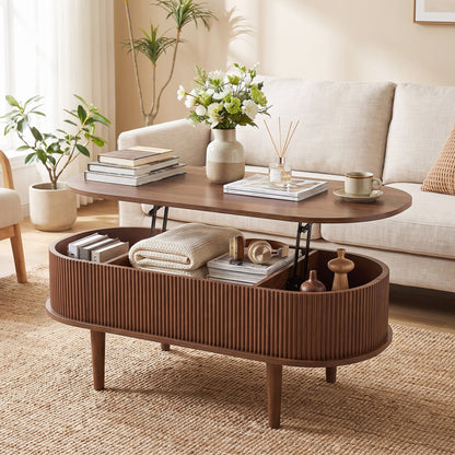 Oval Lift Top Coffee Table with Storage 43.5" Fluted Design