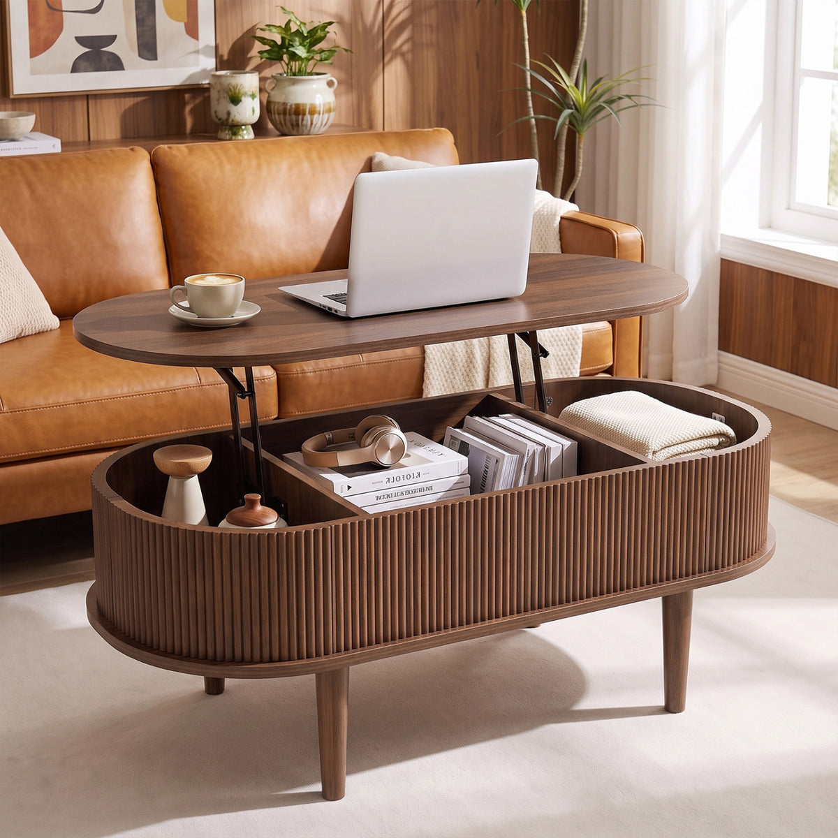 Oval Lift Top Coffee Table with Storage 43.5" Fluted Design