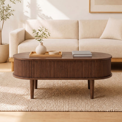Oval Lift Top Coffee Table with Storage 43.5" Fluted Design