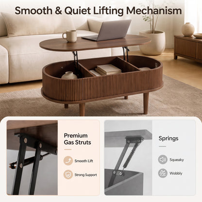 Oval Lift Top Coffee Table with Storage 43.5" Fluted Design