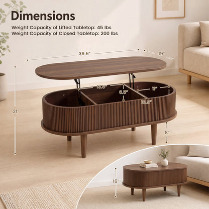 Oval Lift Top Coffee Table with Storage 43.5" Fluted Design