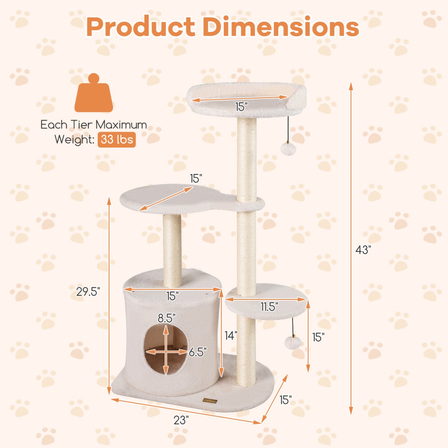 Cat Tree 43" with Condo, Perches & Scratching Posts