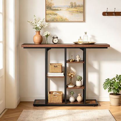 43" Console Table with Storage Shelves and Metal Frame for Entryway Hallway Foyer-Rustic Brown