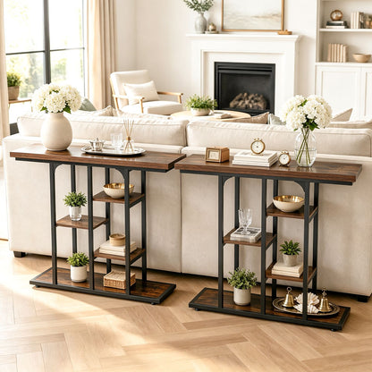 43" Console Table with Storage Shelves and Metal Frame for Entryway Hallway Foyer-Rustic Brown