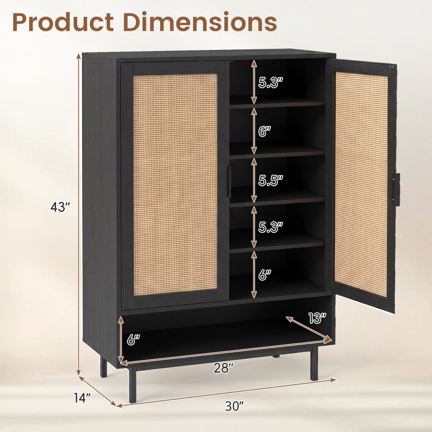 6-Tier Tall Shoe Cabinet with Double Doors - 43 Inch
