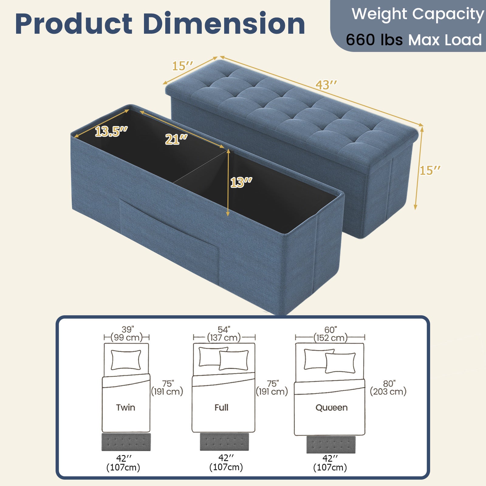 43 Inches Folding Storage Ottoman Bench Linen End of Bed Bench with Padded Seat