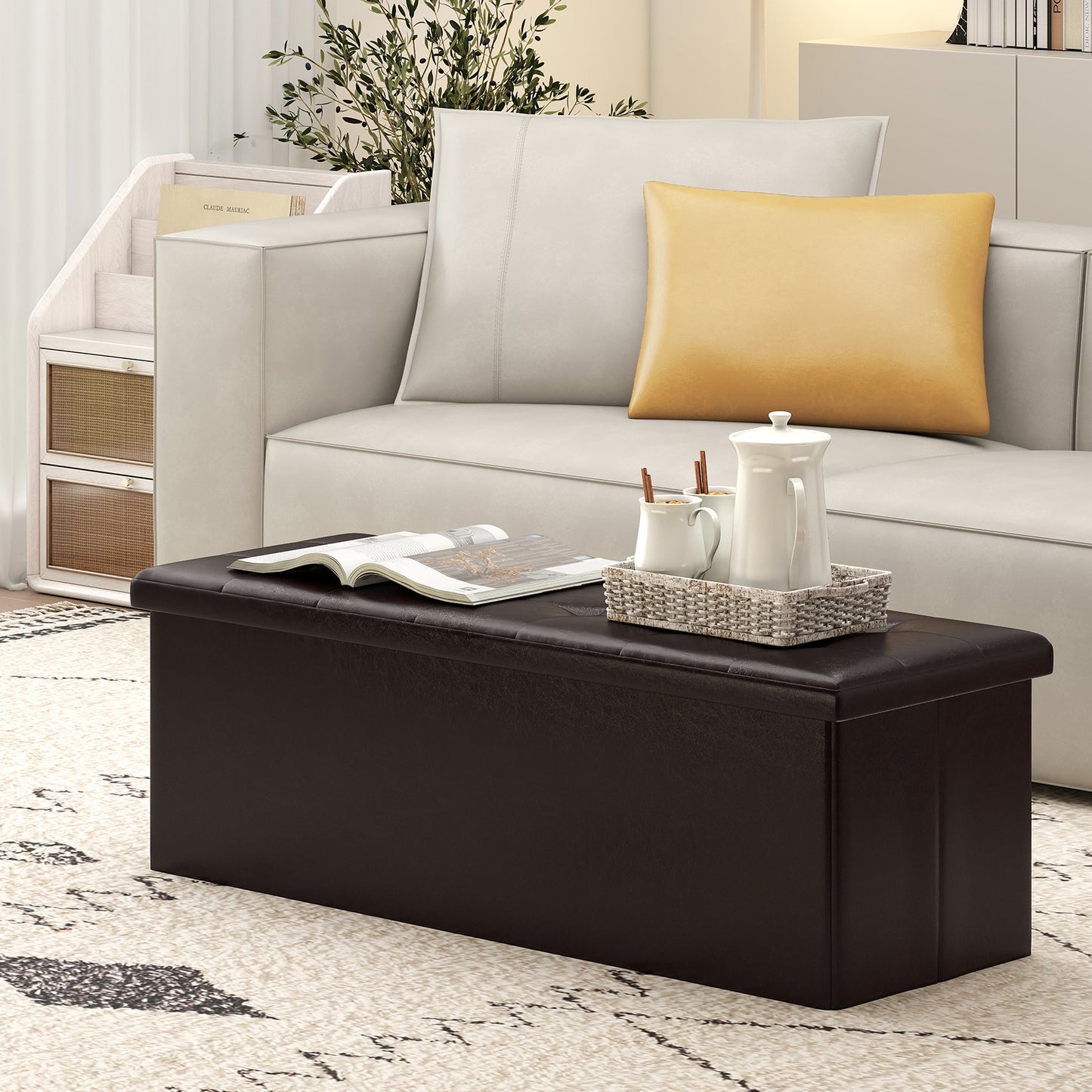 43 Inches Folding Storage Ottoman Bench Foot Rest Stool End of Bed Bench-Brown