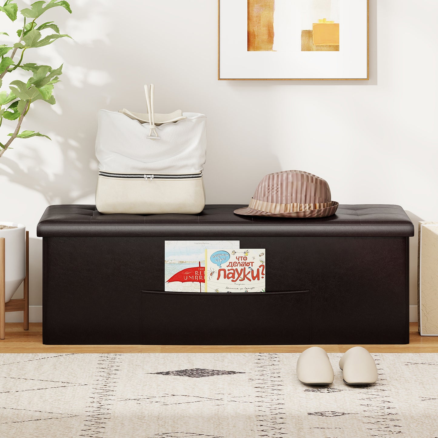 43 Inches Folding Storage Ottoman Bench Foot Rest Stool End of Bed Bench-Brown
