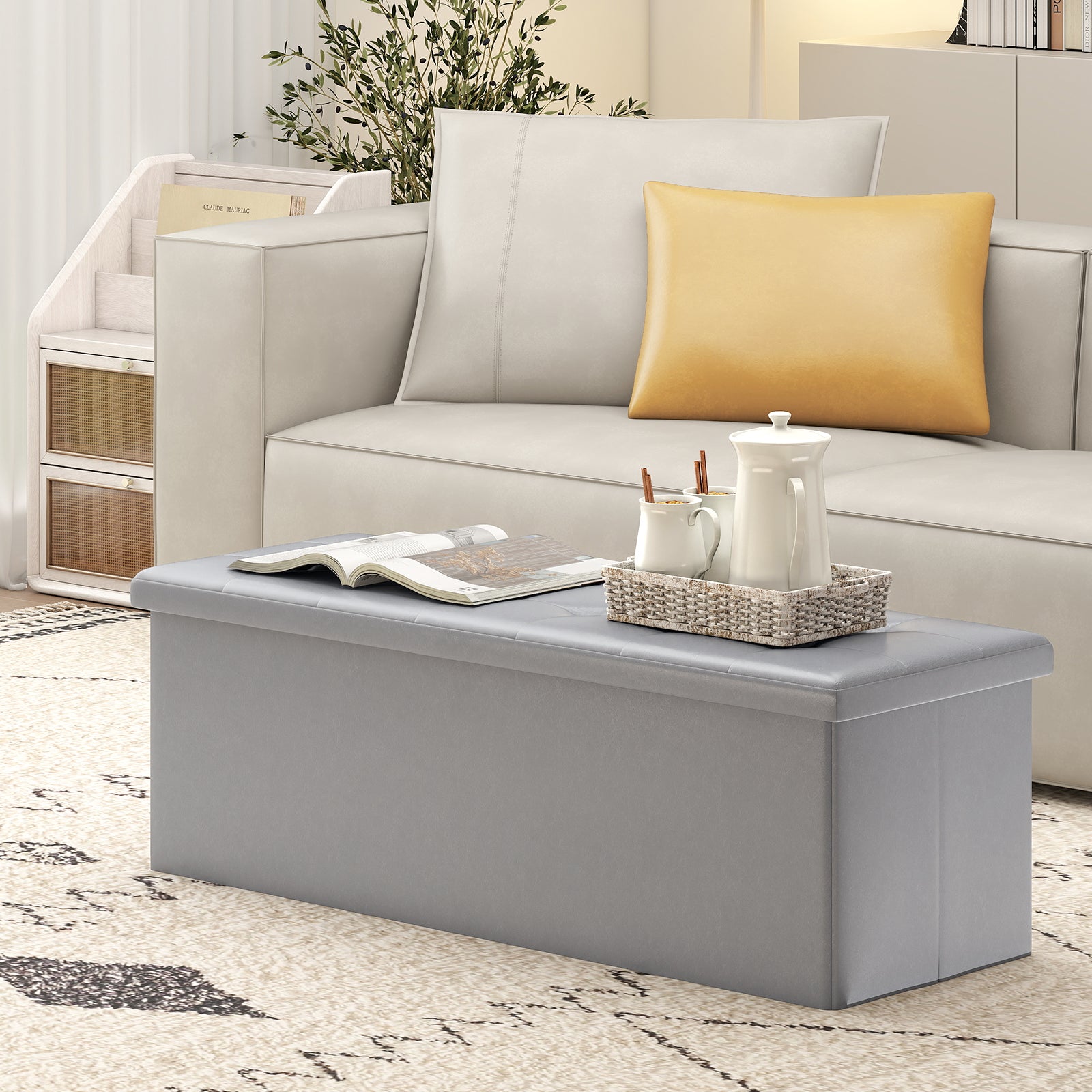 43 Inches Folding Storage Ottoman Bench Foot Rest Stool End of Bed Bench-Gray