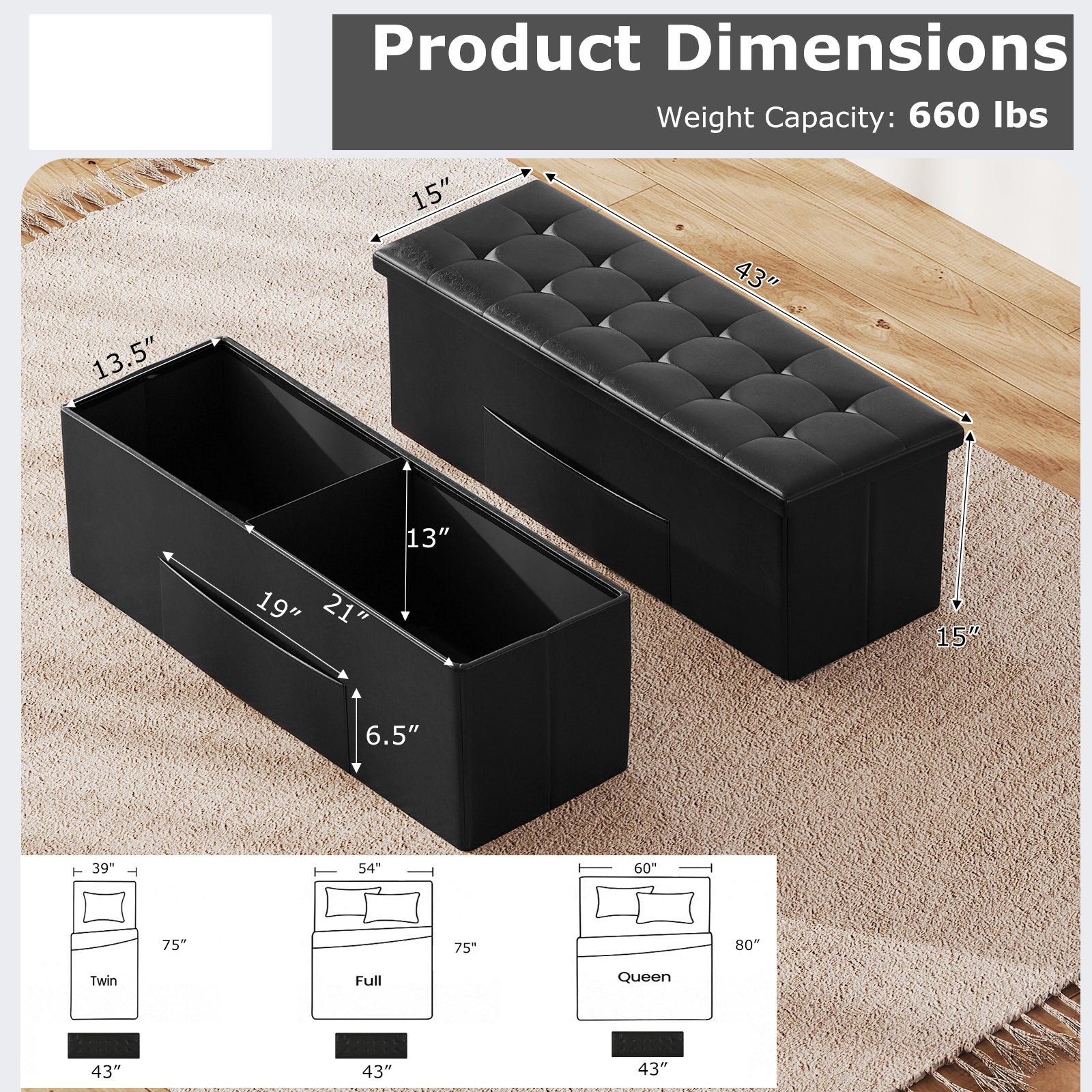43 Inches Folding Storage Ottoman Bench Foot Rest Stool End of Bed Bench-Black