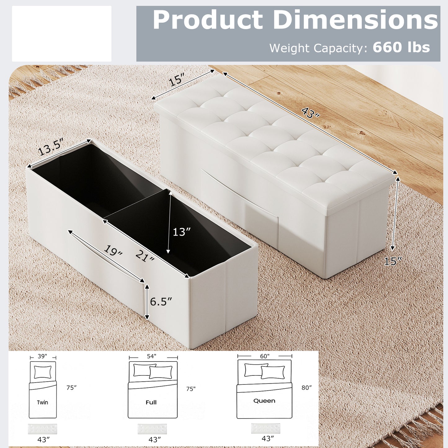 43 Inches Folding Storage Ottoman Bench Foot Rest Stool End of Bed Bench-White