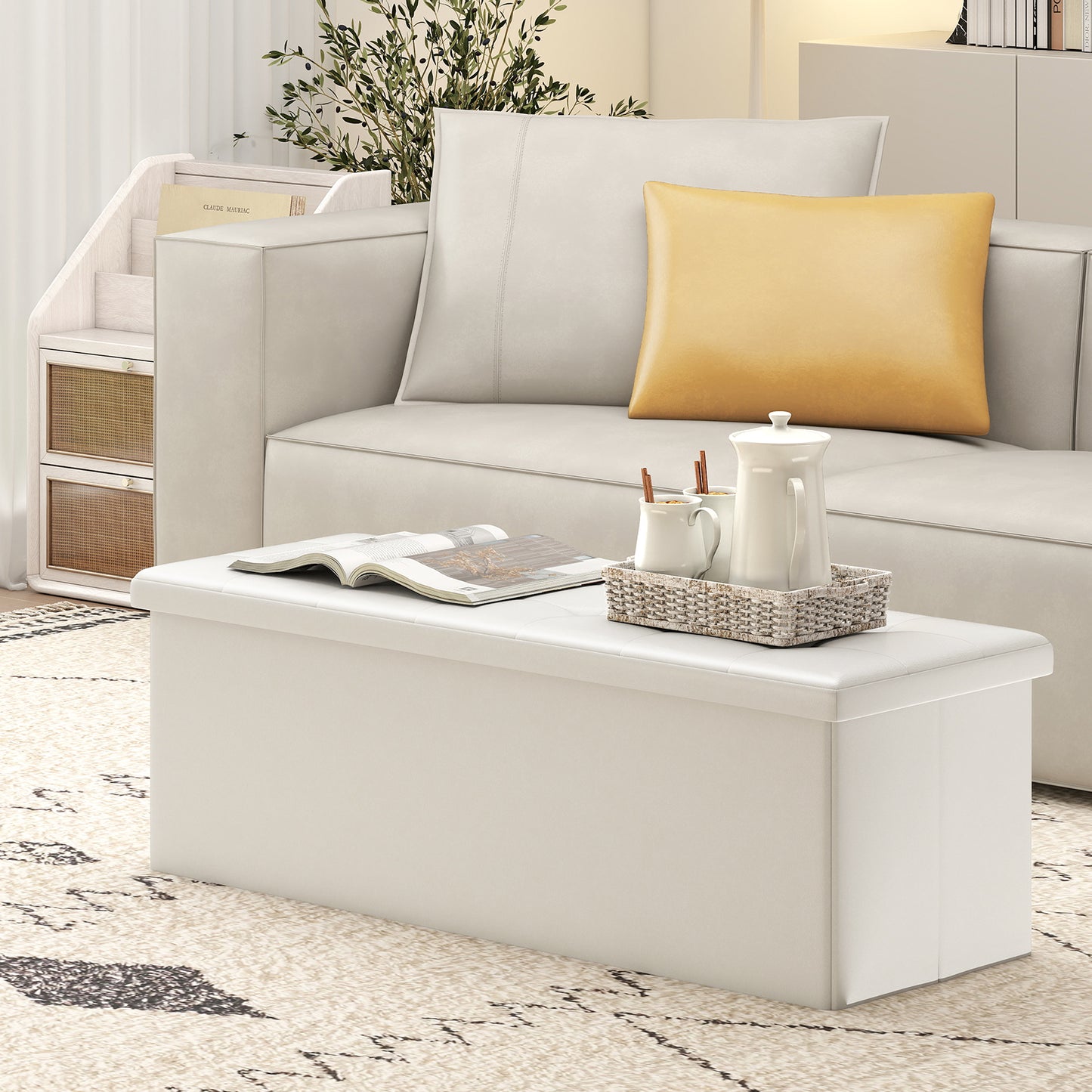 43 Inches Folding Storage Ottoman Bench Foot Rest Stool End of Bed Bench-White