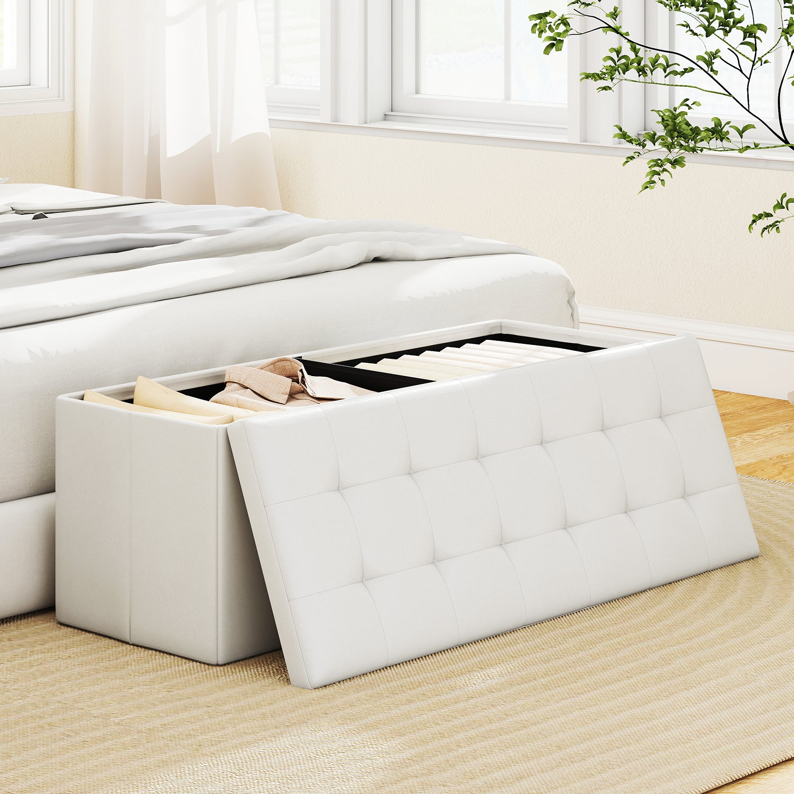 43 Inches Folding Storage Ottoman Bench Foot Rest Stool End of Bed Bench-White