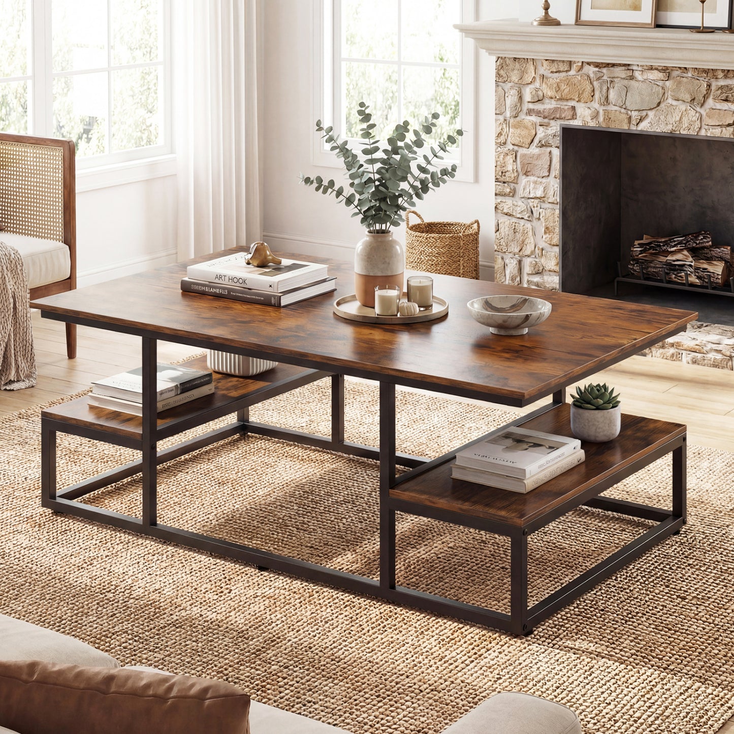 43" Rectangle Coffee Table with Storage and Open Shelves