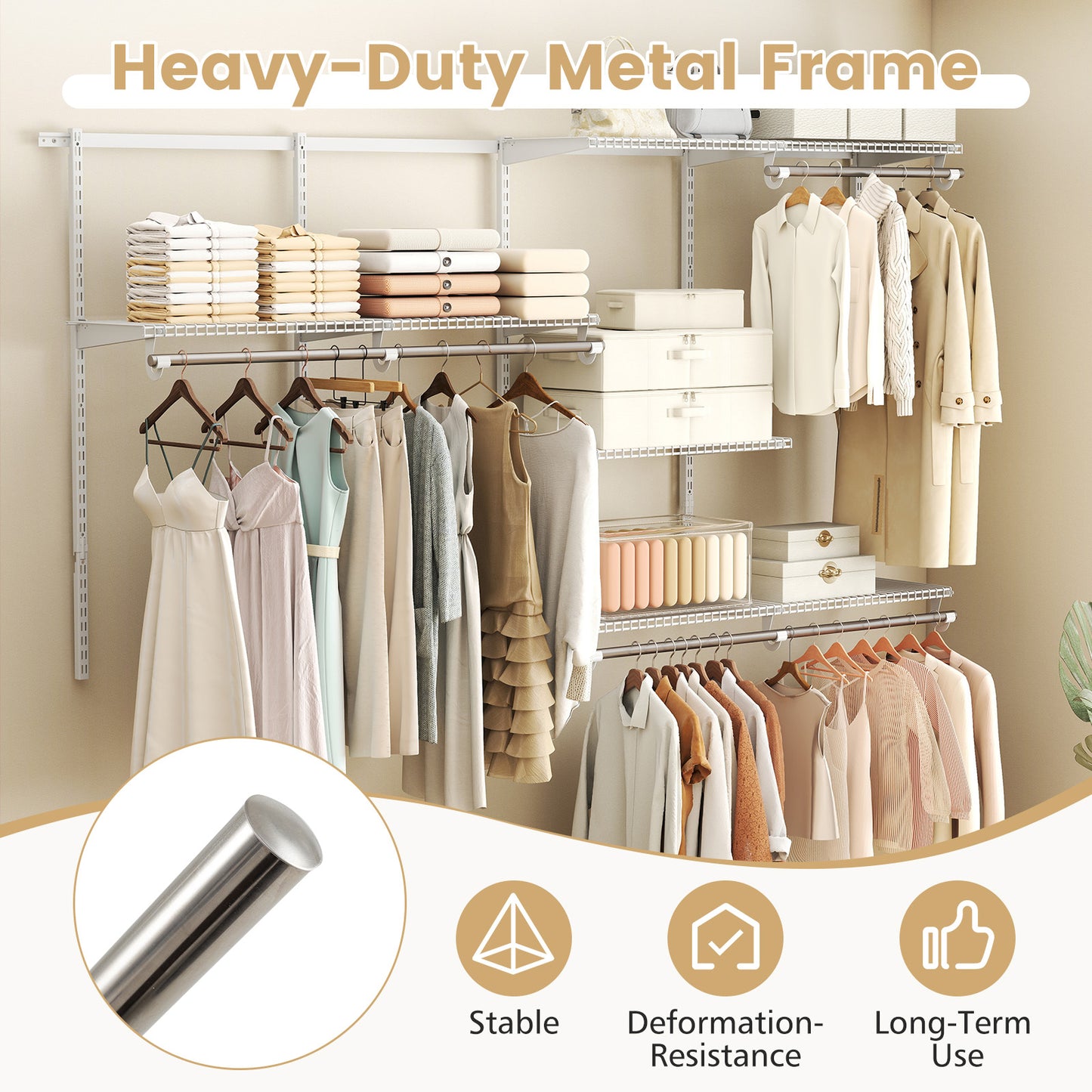Closet System 4-8 FT Wall-Mounted Closet Shelves and Rod-White