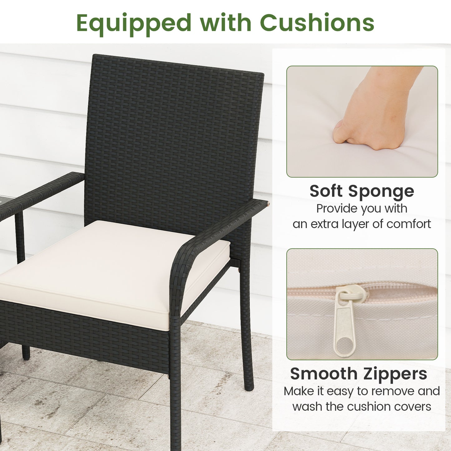 3 Piece Patio Furniture Set with Seat Cushions and Tempered Glass -White