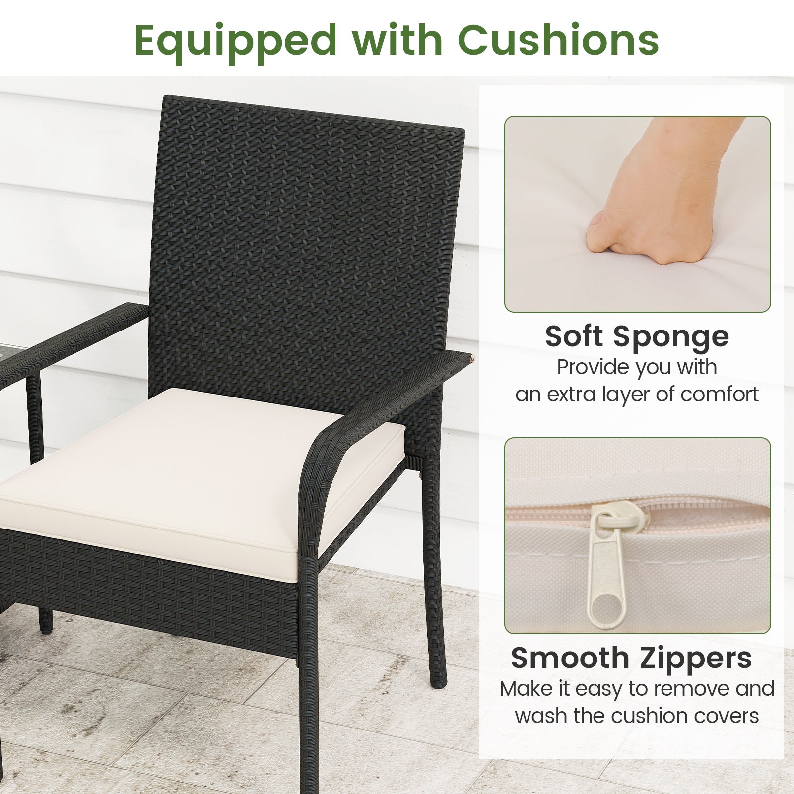 3 Piece Patio Furniture Set with Seat Cushions and Tempered Glass -White