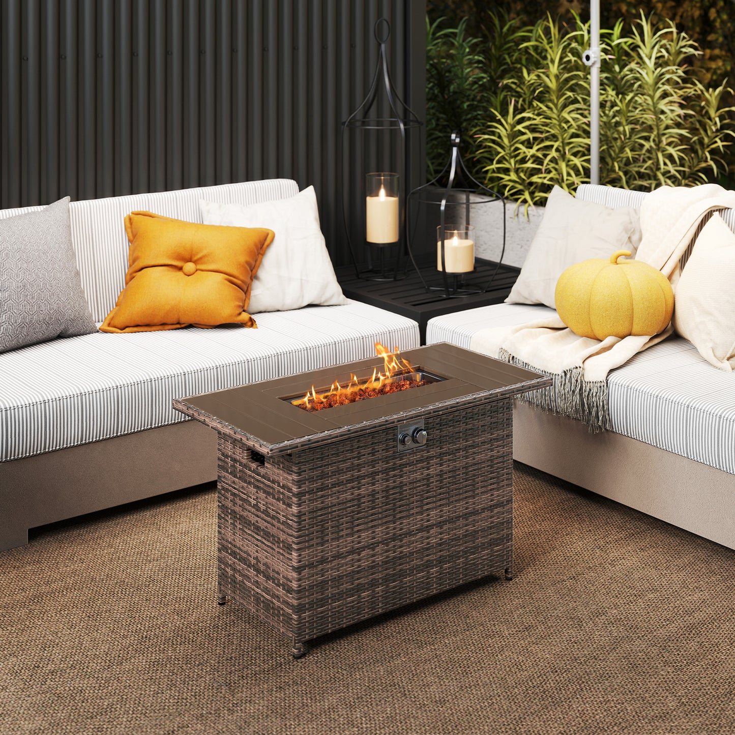 44.5 Inch Propane Fire Pit Table Rattan Gas 2-in-1 with Stainless Steel Burner-Brown