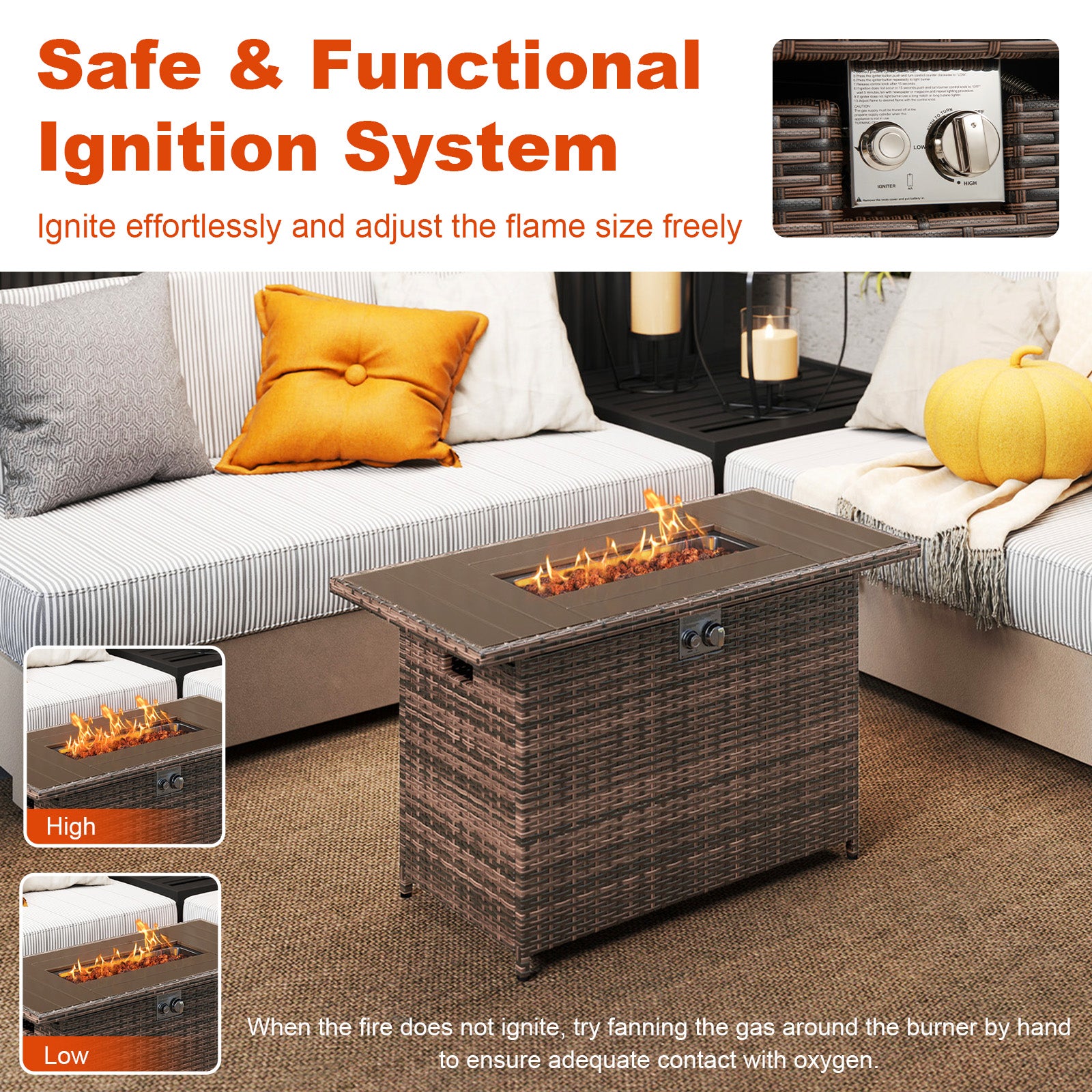 44.5 Inch Propane Fire Pit Table Rattan Gas 2-in-1 with Stainless Steel Burner-Brown