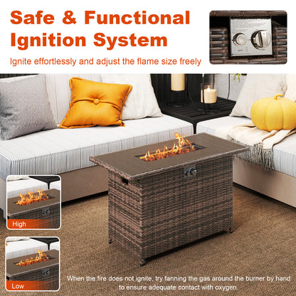 44.5 Inch Propane Fire Pit Table Rattan Gas 2-in-1 with Stainless Steel Burner-Brown