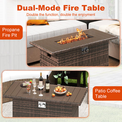 44.5 Inch Propane Fire Pit Table Rattan Gas 2-in-1 with Stainless Steel Burner-Brown
