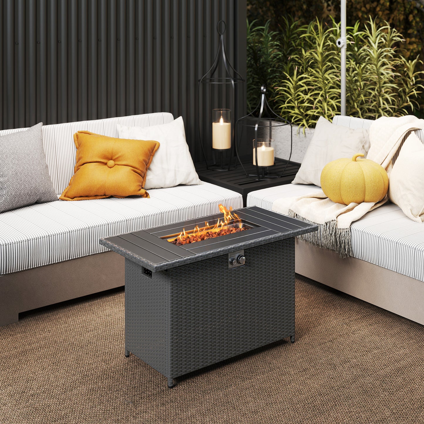 44.5 Inch Propane Fire Pit Table Rattan Gas 2-in-1 with Stainless Steel Burner-Black