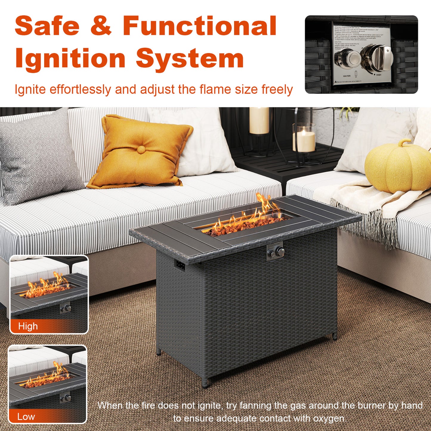 44.5 Inch Propane Fire Pit Table Rattan Gas 2-in-1 with Stainless Steel Burner-Black
