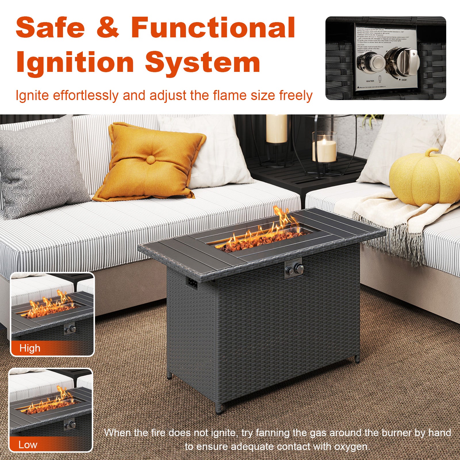 44.5 Inch Propane Fire Pit Table Rattan Gas 2-in-1 with Stainless Steel Burner-Black