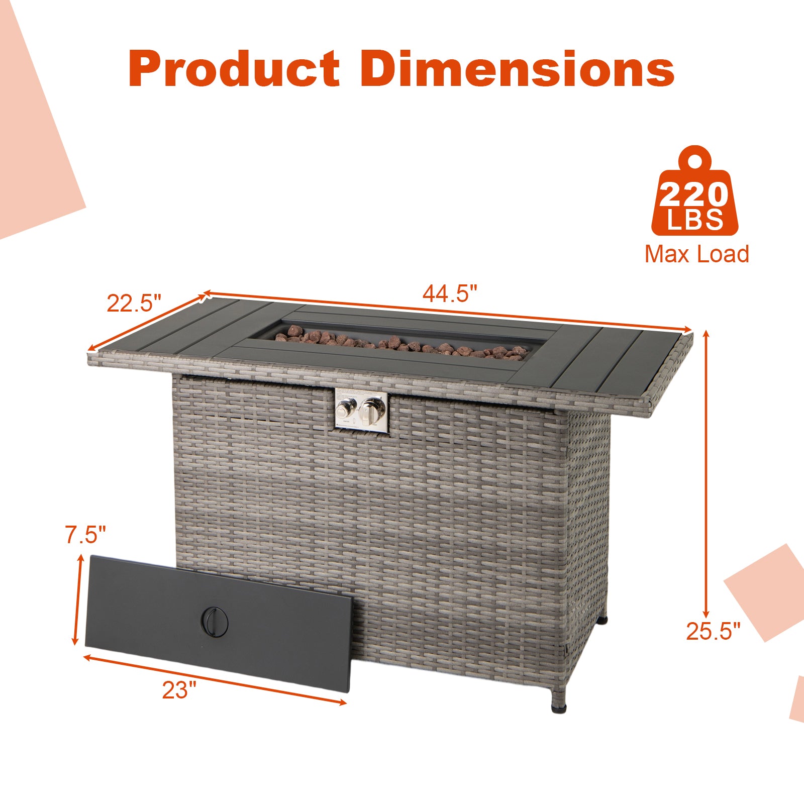 44.5 Inch Propane Fire Pit Table Rattan Gas 2-in-1 with Stainless Steel Burner-Gray
