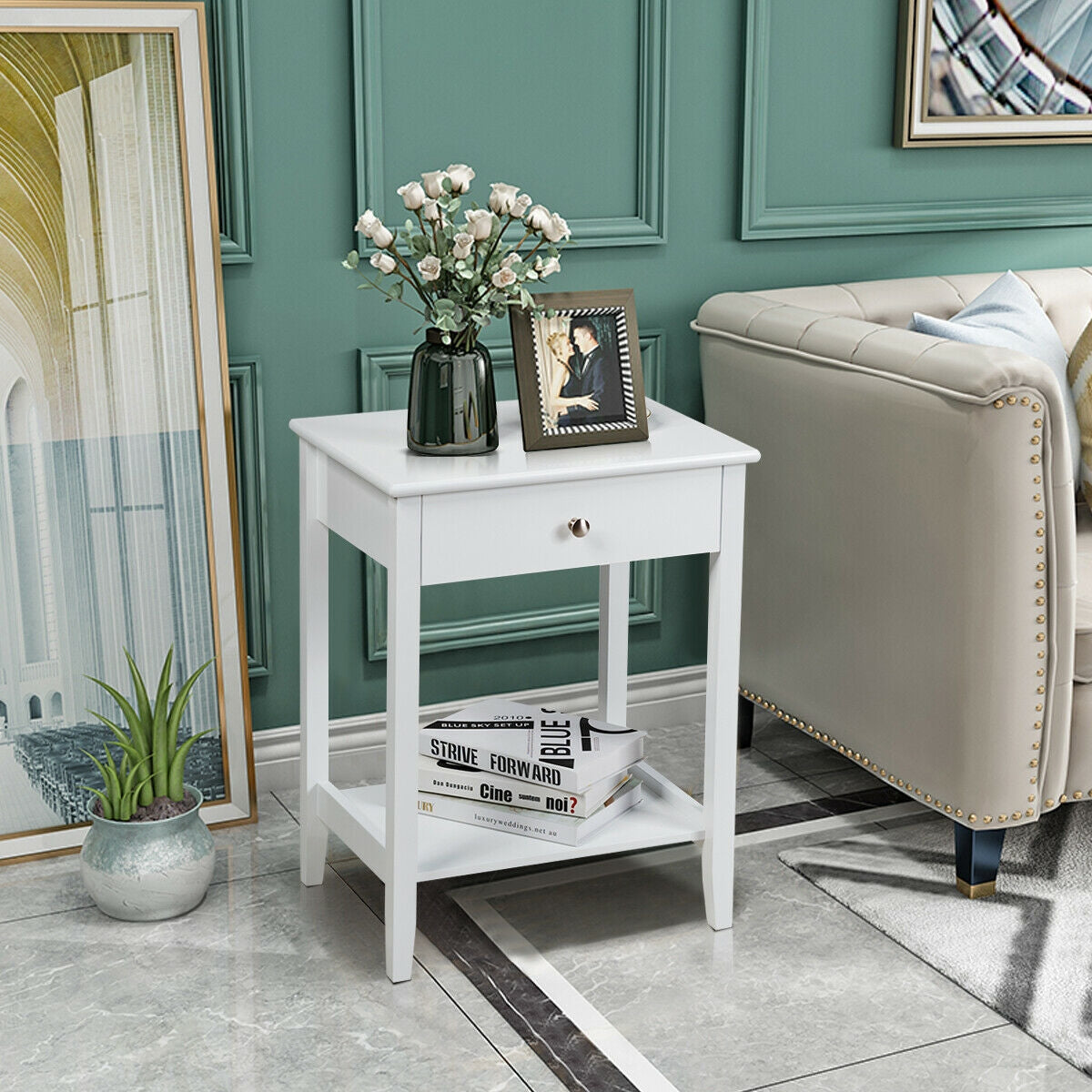 Wooden Nightstand End Table Storage Display -White