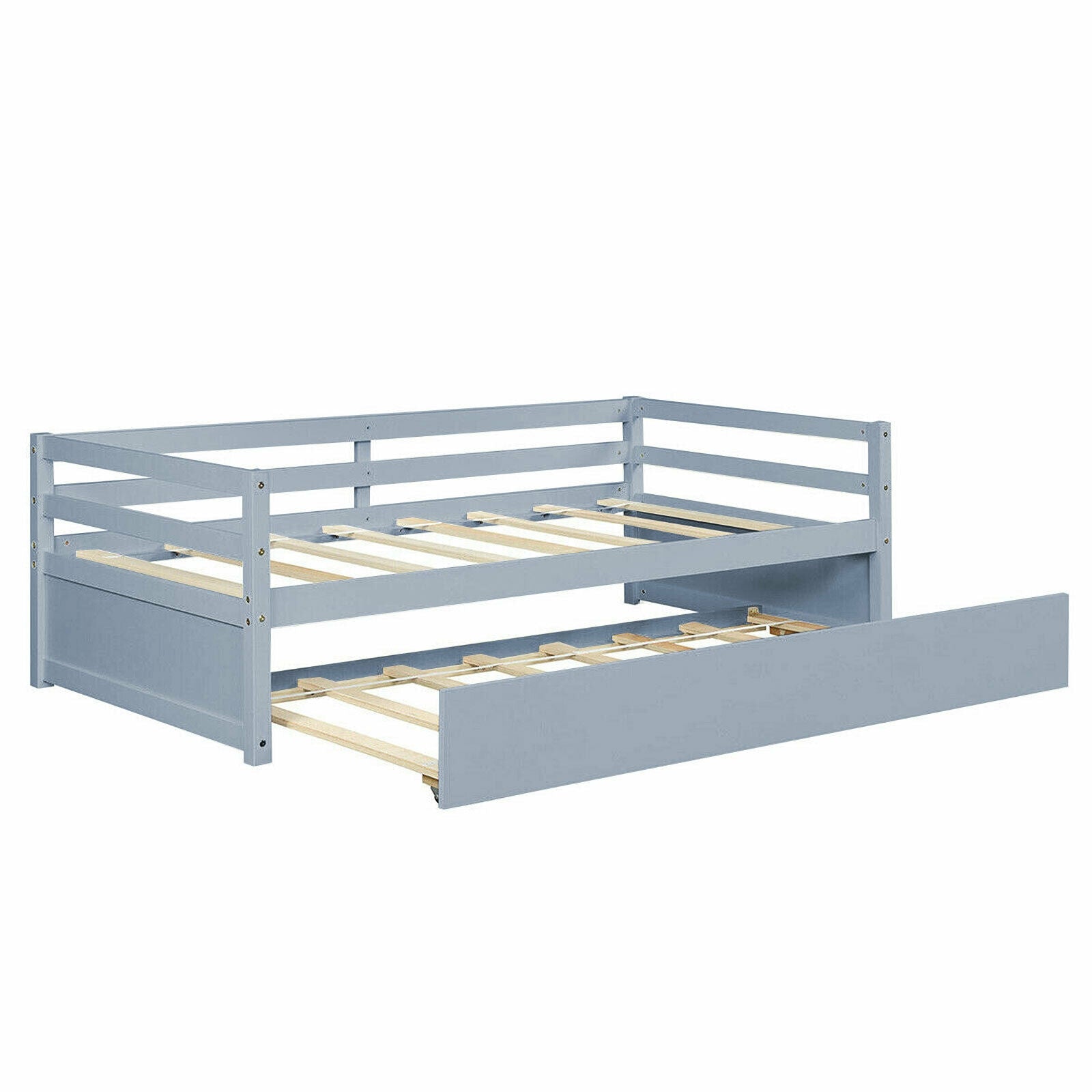 Twin Size Trundle Platform Bed Frame with Wooden Slat Support-Gray - Gray