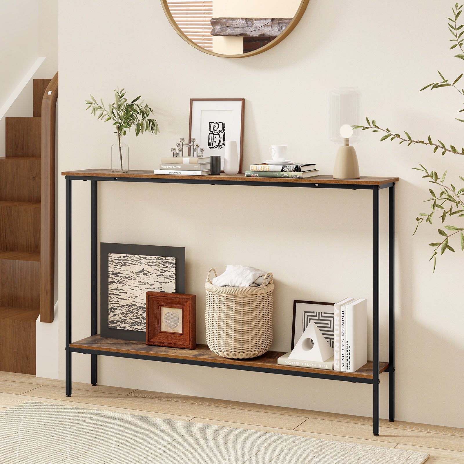 44 Inch Console Table with Shelf with Dual Anti-Tipping Kits-Rustic Brown