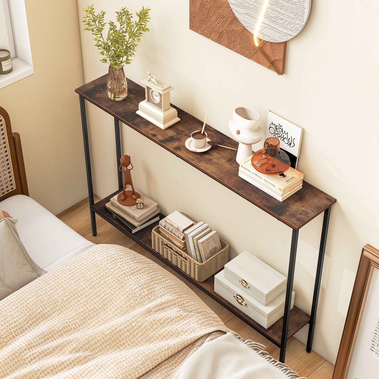 44 Inch Console Table with Shelf with Dual Anti-Tipping Kits-Rustic Brown
