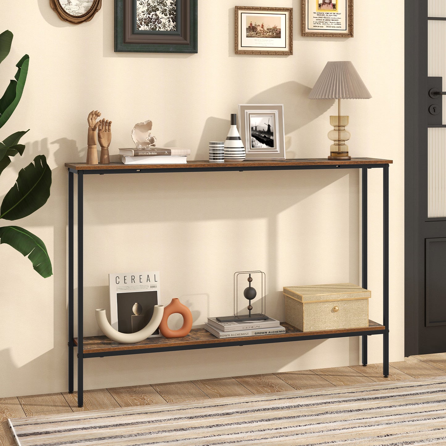 44 Inch Console Table with Shelf with Dual Anti-Tipping Kits-Rustic Brown