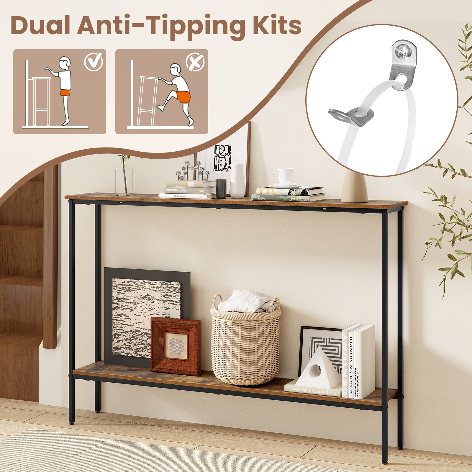 44 Inch Console Table with Shelf with Dual Anti-Tipping Kits-Rustic Brown