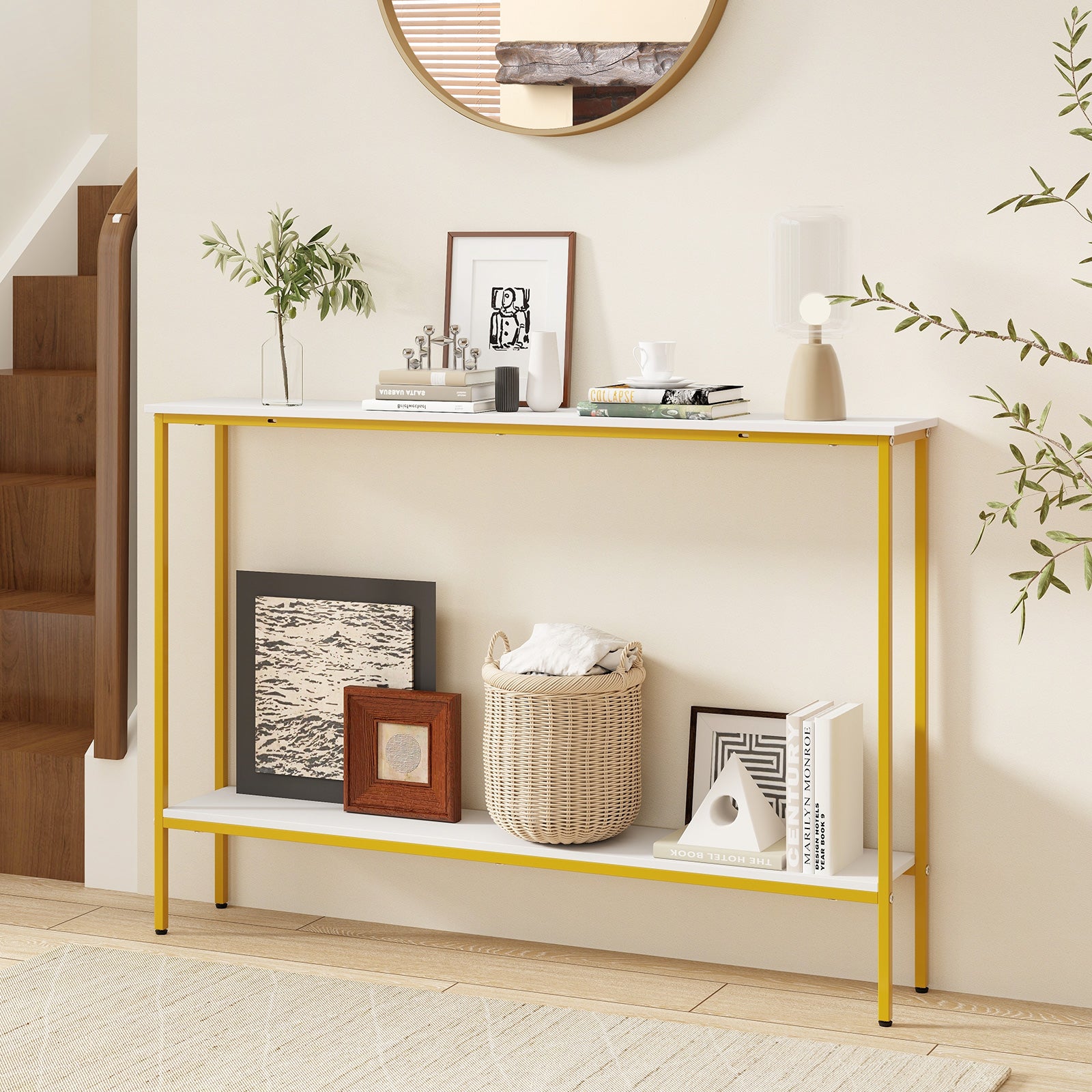 44 Inch Console Table with Shelf with Dual Anti-Tipping Kits-White