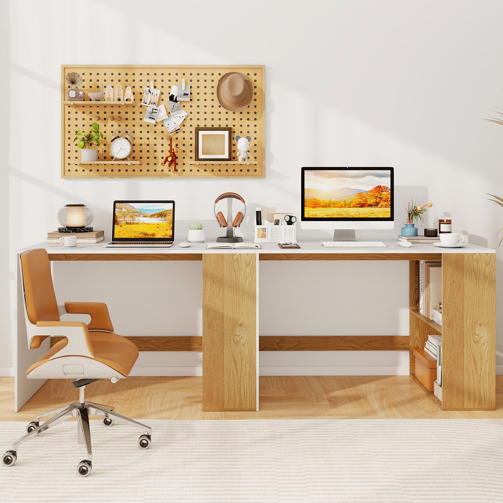 44 Inch Wooden Computer Desk with Bookshelf for Small Space-White and Natural