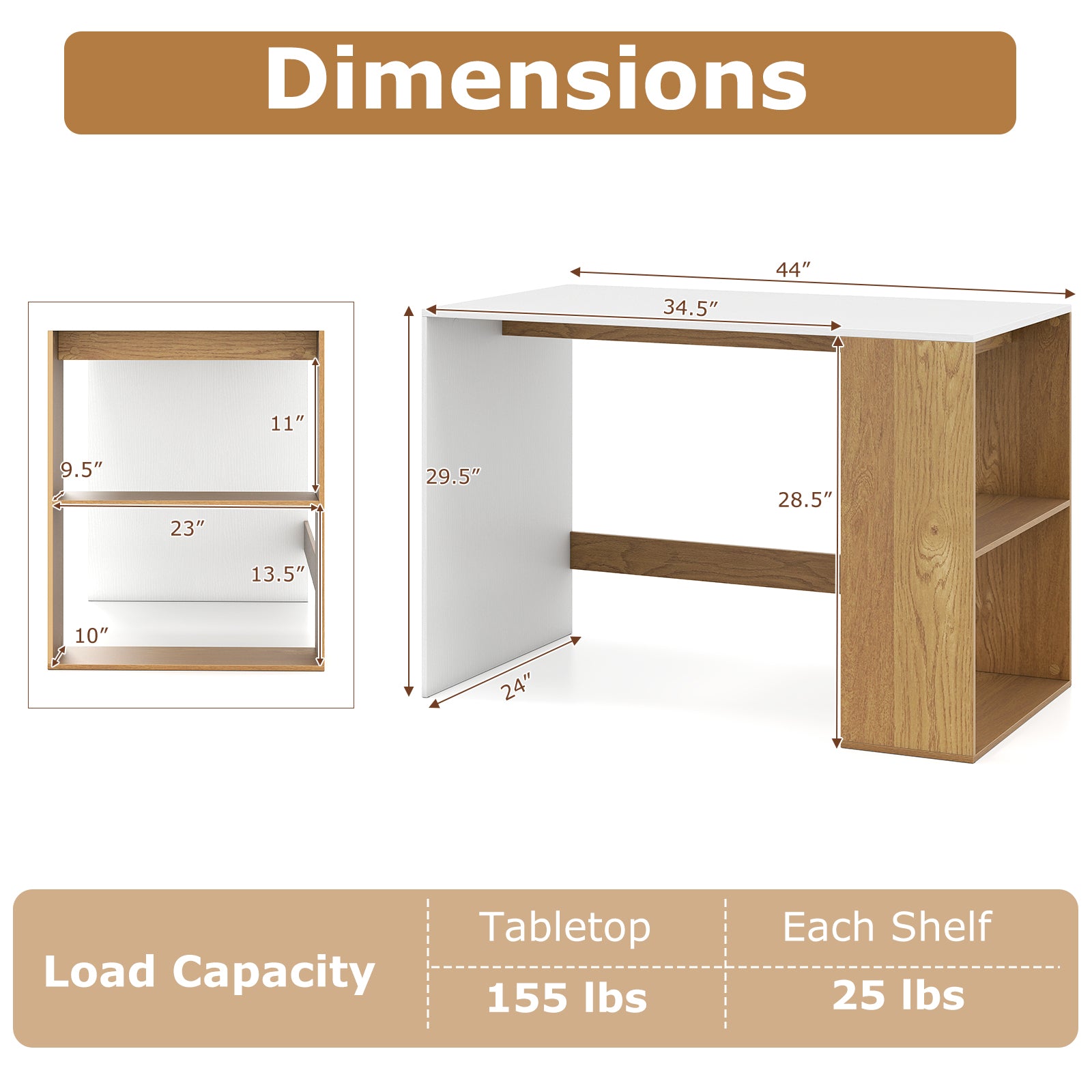 44 Inch Wooden Computer Desk with Bookshelf for Small Space-White and Natural