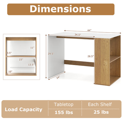 44 Inch Wooden Computer Desk with Bookshelf for Small Space-White and Natural