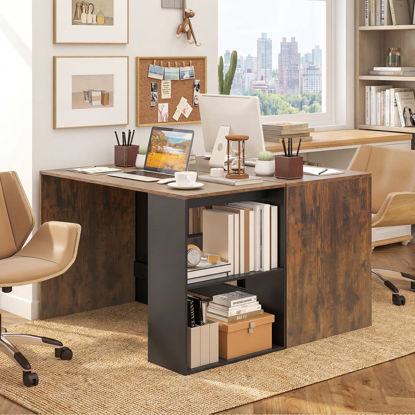 44 Inch Wooden Computer Desk with Bookshelf for Small Space-Rustic Brown and Black